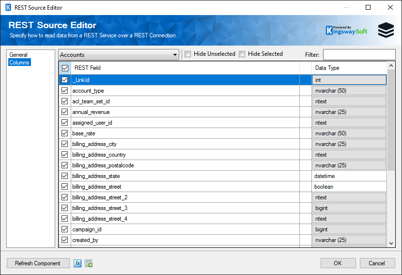 SSIS SugarCRM REST Source - Columns